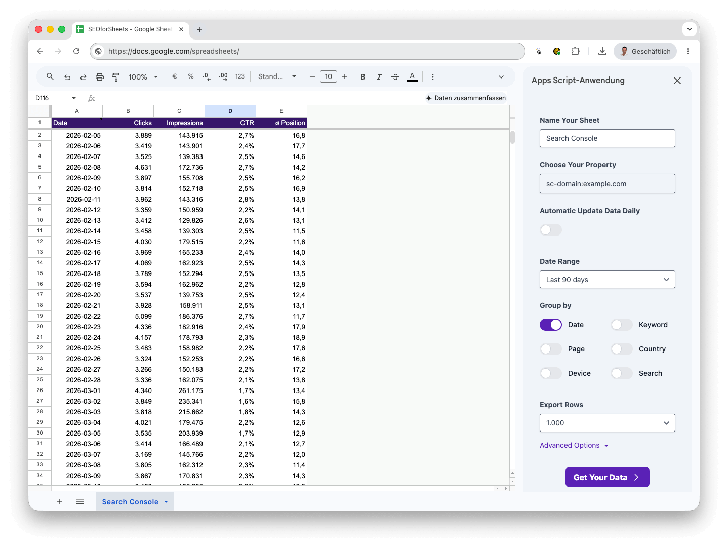 SEO for Sheets – Google Search Console data imported into Google Sheets showing keywords, clicks, CTR, impressions and positions
